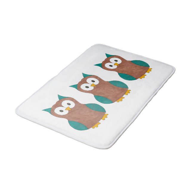 Blue Brown Cartoon Owl Print Wise Barn Owls Bird Bath Mat (Angled)