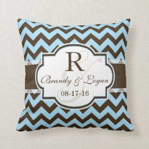 Blue & Brown Chevron Stripes Wedding Cushion