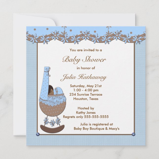 Blue Brown Cradle Ethnic Boy Shower Invitation (Front)