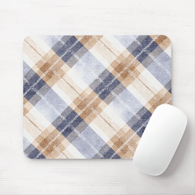 Blue Brown Cream Plaid Stripes Mouse Mat (With Mouse)