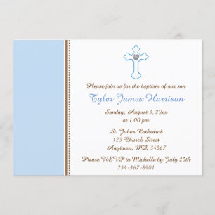 Blue Brown Cross Baby Boy Baptism / Christening Invitation
