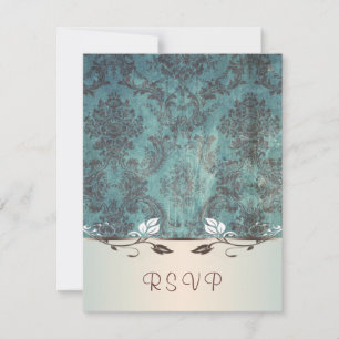 Blue brown damask Invitation reply, RSVP
