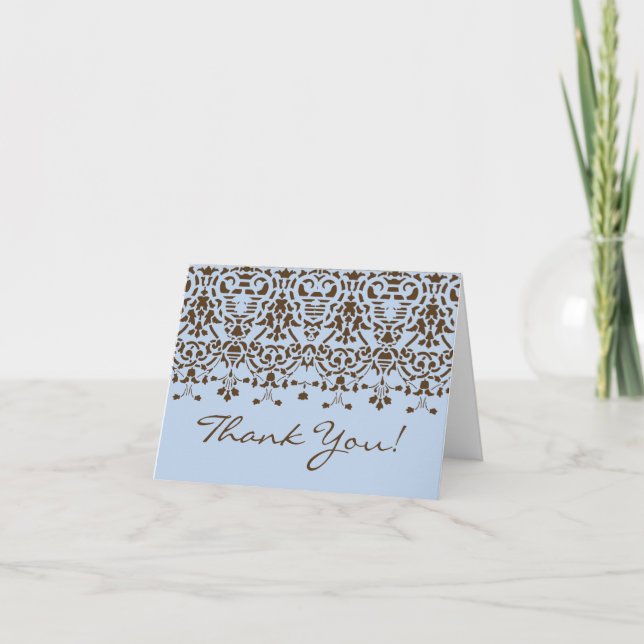 Blue & Brown Damask Thank You Note Card (Front)