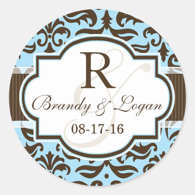 Blue & Brown Damask Wedding Classic Round Sticker (Front)