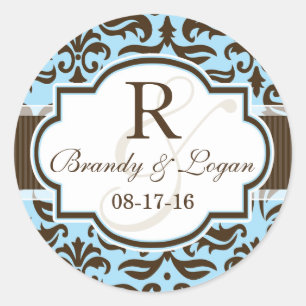 Blue & Brown Damask Wedding Classic Round Sticker