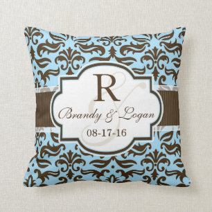 Blue & Brown Damask Wedding Cushion