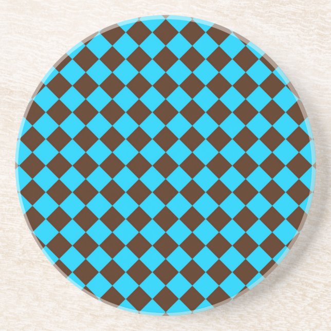 Blue Brown Diamond Chequered Pattern Coaster (Front)