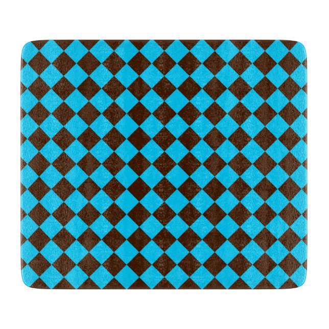 Blue Brown Diamond Chequered Pattern Cutting Board (Front)