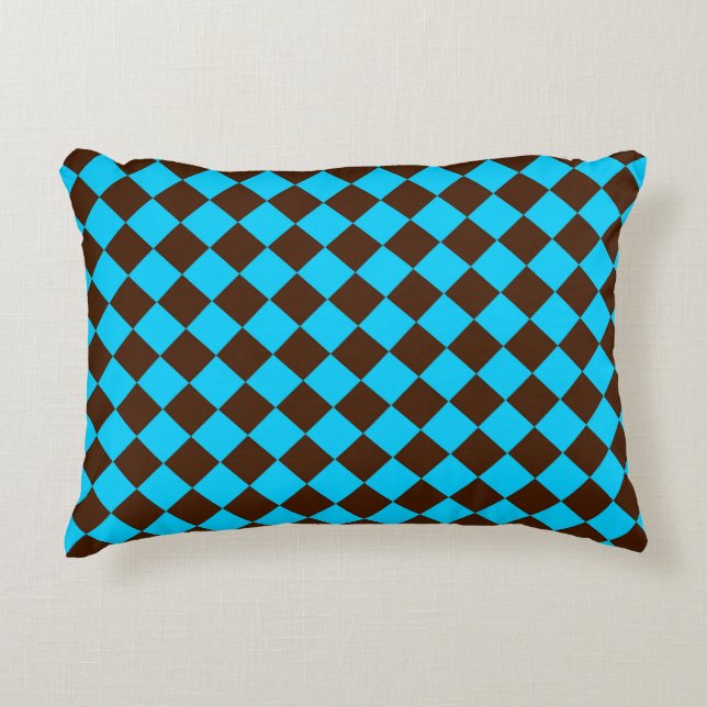 Blue Brown Diamond Chequered Pattern Decorative Cushion (Front)