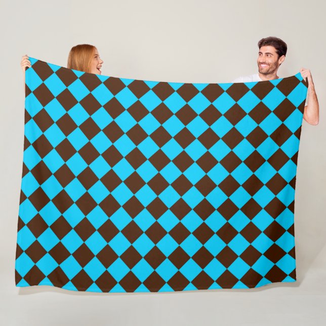 Blue Brown Diamond Chequered Pattern Fleece Blanket (In Situ)