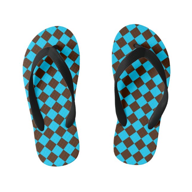 Blue Brown Diamond Chequered Pattern Kid's Flip Flops (Footbed)
