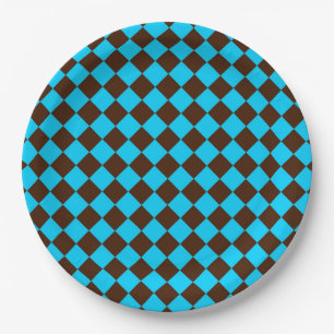 Blue Brown Diamond Chequered Pattern Paper Plate