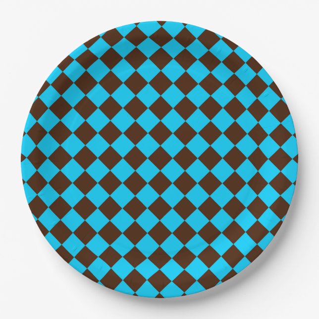 Blue Brown Diamond Chequered Pattern Paper Plate (Front)