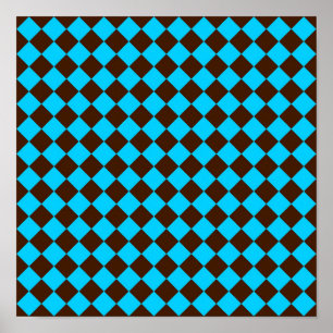 Blue Brown Diamond Chequered Pattern Poster