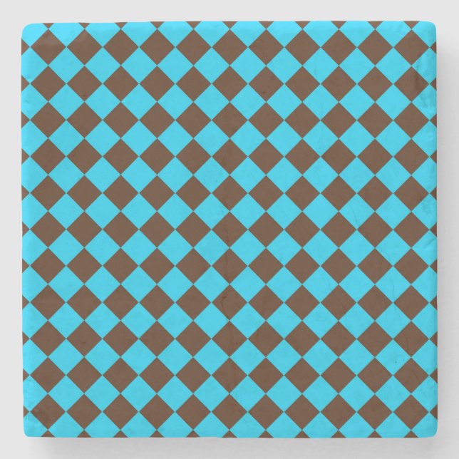 Blue Brown Diamond Chequered Pattern Stone Coaster (Front)