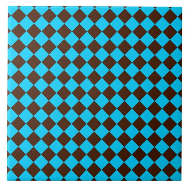 Blue Brown Diamond Chequered Pattern Tile (Front)