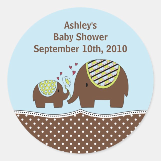 Blue & Brown Elephant Baby Shower Sticker (Front)