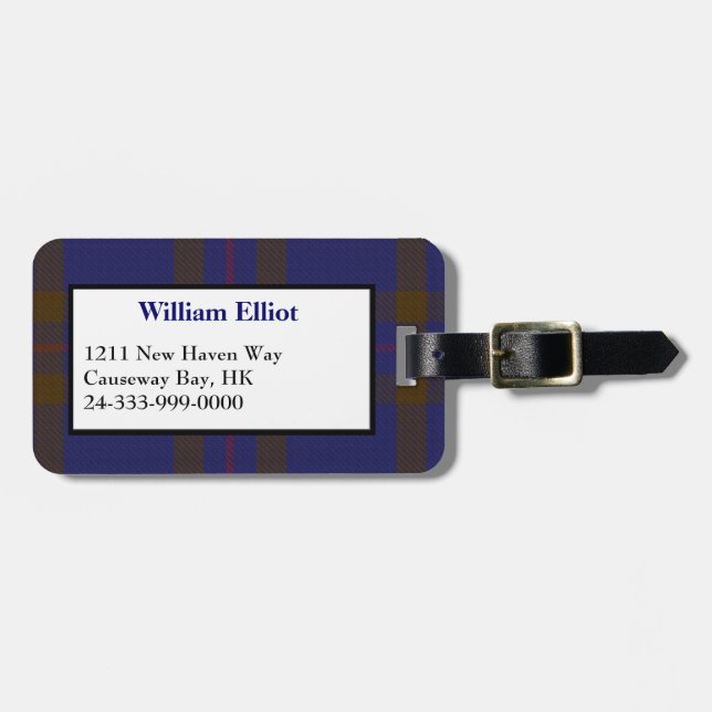 Blue & Brown Elliot Tartan Plaid Luggage Tag (Front Horizontal)