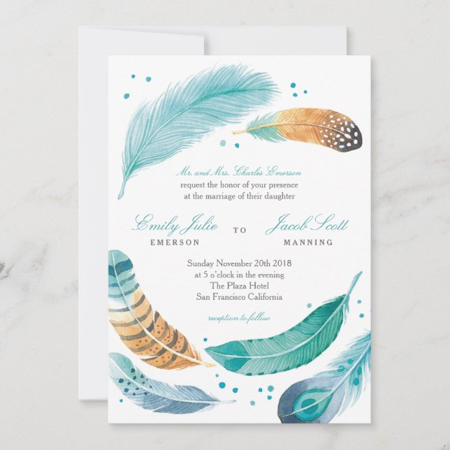 Blue & Brown Feather Wedding Invitation (Front)