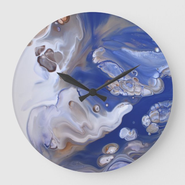 Blue brown Fluid Art Abstract Marble Flow Large Clock (Front)