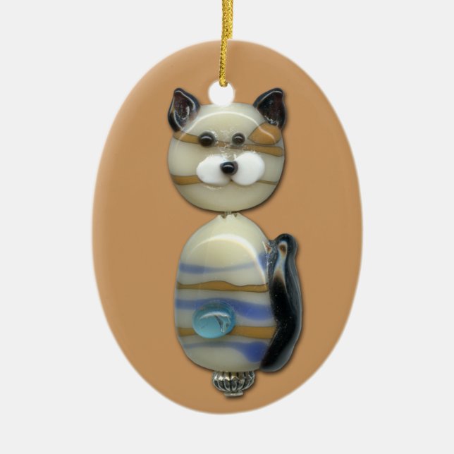 Blue Brown Glass Bead Cat Ceramic Tree Decoration (Front)