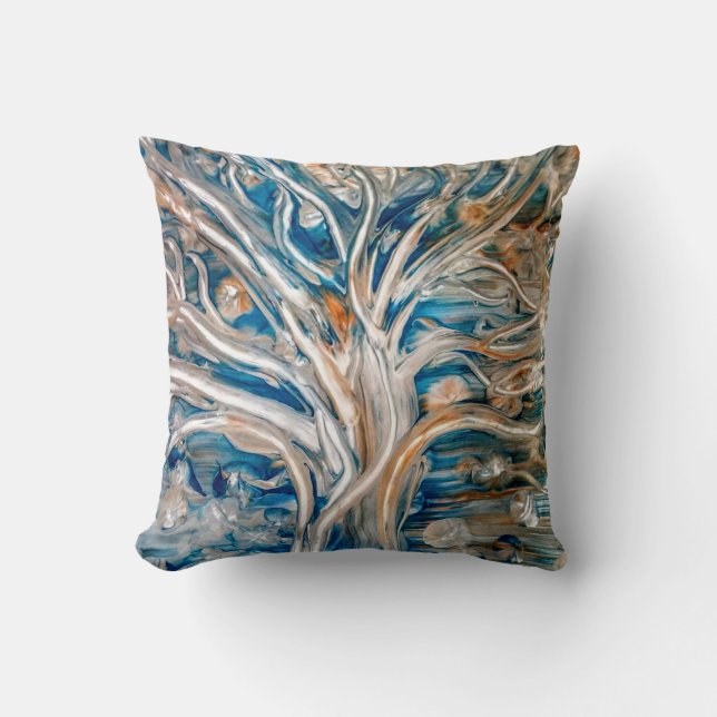 Blue Brown Gold Abstract Tree Cushion (Front)