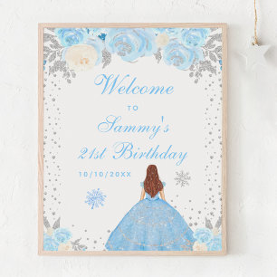Blue Brown Hair Girl Birthday Party Welcome Poster