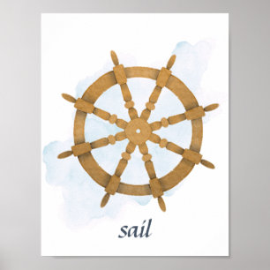 Blue Brown Helm Ship's Wheel Nautical Ocean Theme Poster