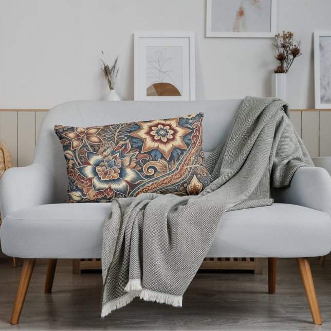 Blue Brown Ivory Indonesian Batik Floral Pattern Lumbar Cushion (Creator Uploaded)