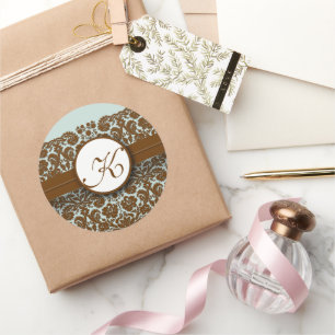 Blue Brown Lace Damask Vintage Floral Wedding Classic Round Sticker