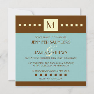 Blue Brown Monogram Art Deco Wedding Invitation