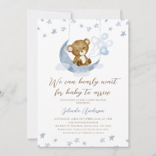 Blue Brown Moon We Can Bearly Wait Baby Shower  Invitation