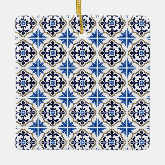Blue Brown Moroccan Tile Ceramic Ornament (Front)