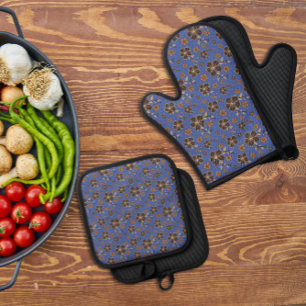 Blue brown natural flower oven mitt & pot holder set