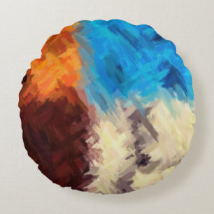 Blue Brown Orange Abstract Painting Round Pillow