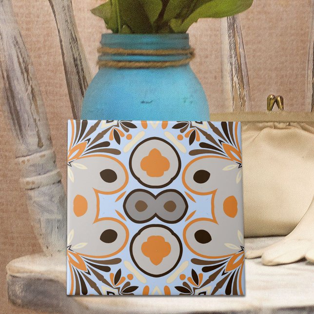 Blue Brown Orange Boho Ethnic Geometric Pattern Tile (Creator Uploaded)
