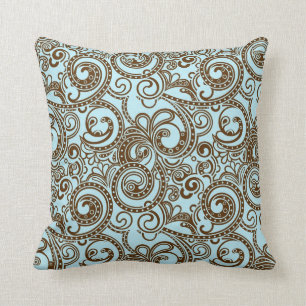 Blue & Brown Ornate Abstract Swirls Pattern Cushion
