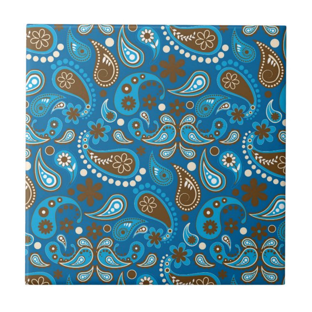 Blue Brown Paisley Floral Flowers Farmer Classy Tile (Front)