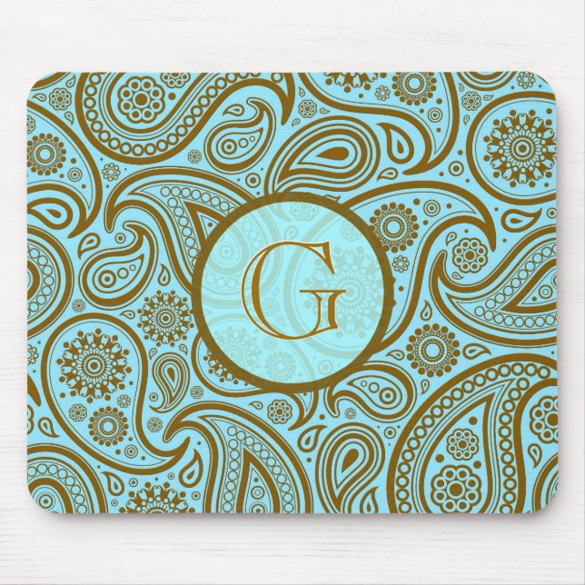 Blue & Brown Paisley Retro Pattern-Monogram Mouse Mat (Front)