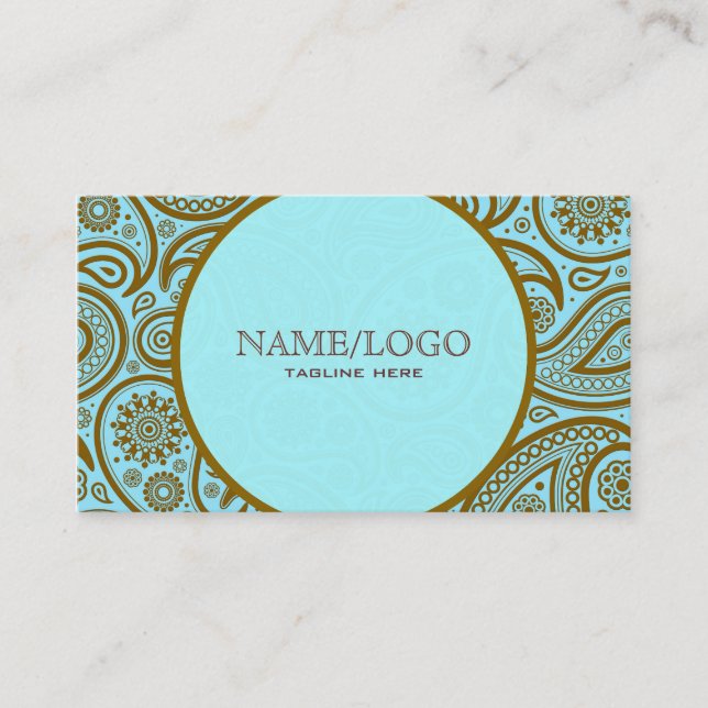 Blue & Brown Paisley Retro Pattern-Template Business Card (Front)