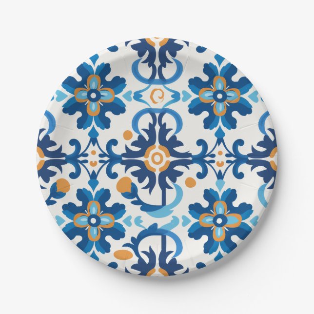 Blue & Brown Patterned Paper Bowl Plate (Front)