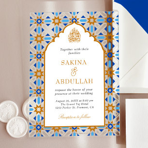 Blue Brown Persian Mosaic Muslim Wedding Acrylic Invitations