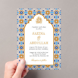 Blue Brown Persian Mosaic Muslim Wedding Acrylic Invitations