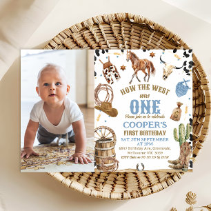 Blue Brown Photo How The West Was One 1st Birthday Invitation