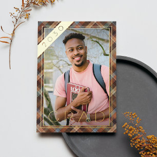 Blue Brown Plaid Gold Foil Graduation Announcement