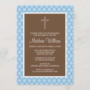 Blue Brown Polka Dot Cross Boy Baptism Christening Invitation