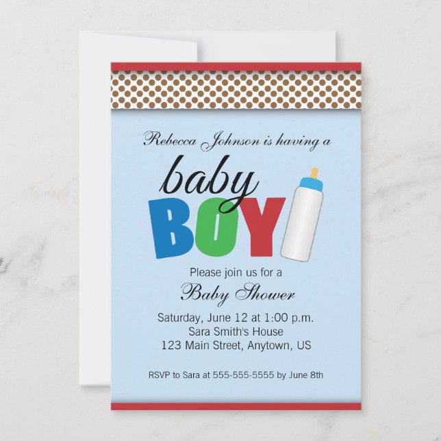 Blue & Brown Polka Dots Baby Shower Boy Invitation (Front)