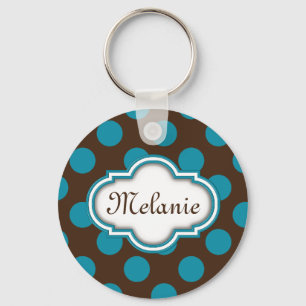 Blue Brown Polka Dots Quatrefoil Nameplate Key Ring