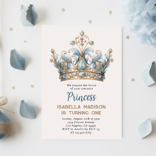 Blue Brown Princess Crown 1st birthday Party Invitation