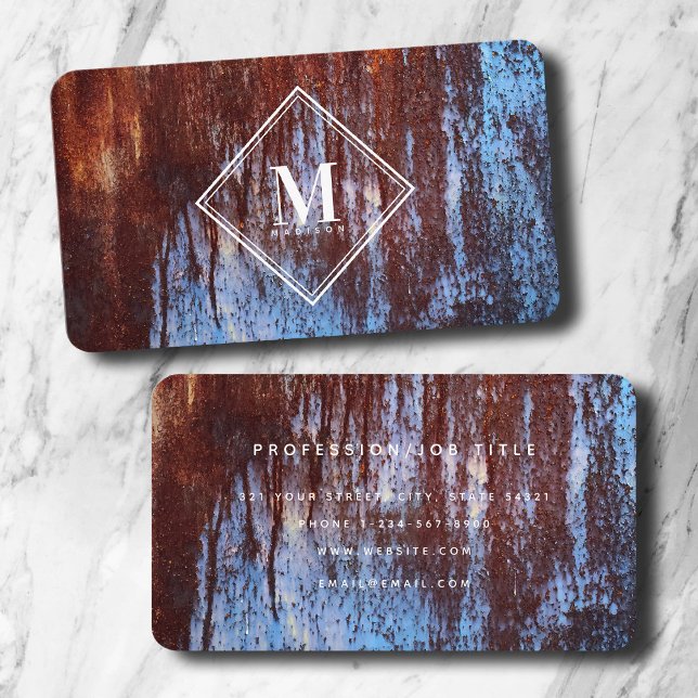 Blue Brown Rust Metallic Texture Monogram Initial Business Card (Blue Brown Rust Metallic Texture Monogram Initial Business Card)